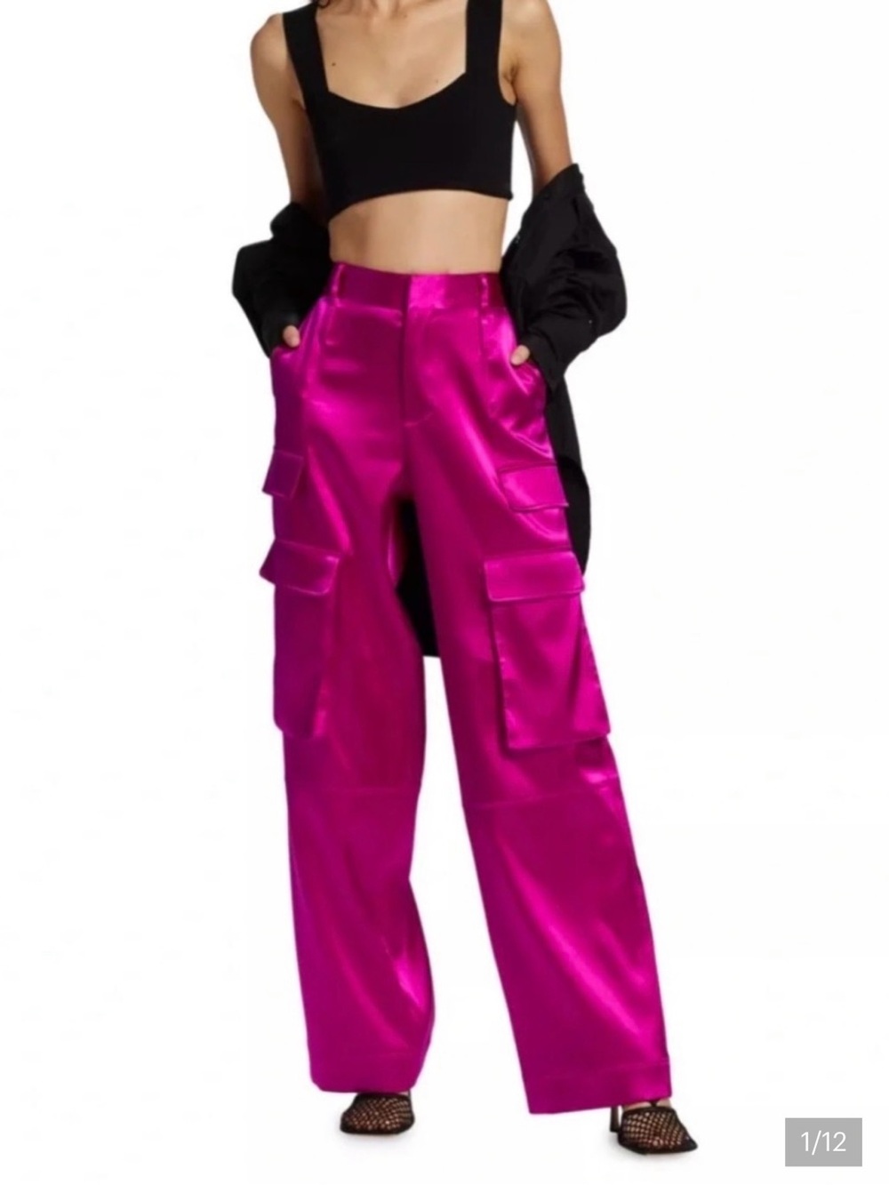 Frame High-Rise Satin Cargo Pants in Fuchsia Size 6